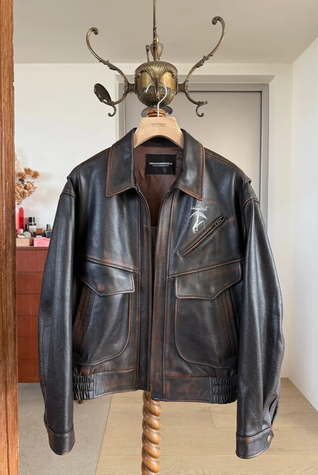 UNKNOWNWORLD Distressed Cowhide Flight Jacket in Brown - Lifestyle