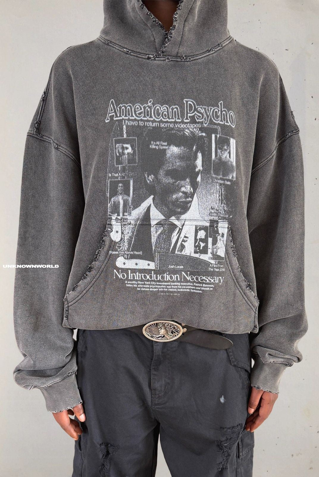 UNKNOWNWORLD Distressed Washed Graphic Hoodie in Black - On Model