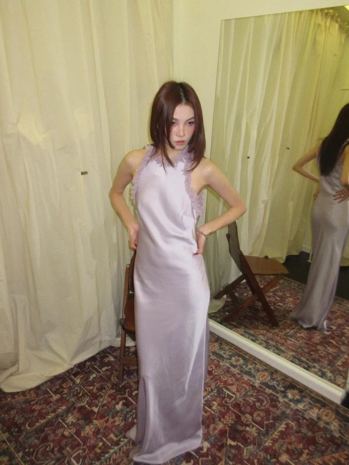 1S STUDIO Ruffled Acetate Satin Halter Dress in Purple - On Model