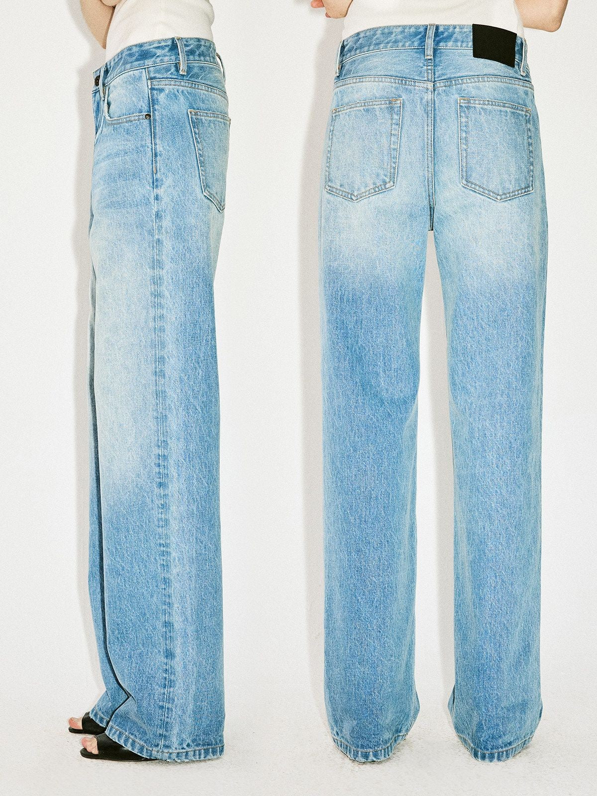 alright then Faded Mid Low Rise Straight Jeans in Blue - On Model