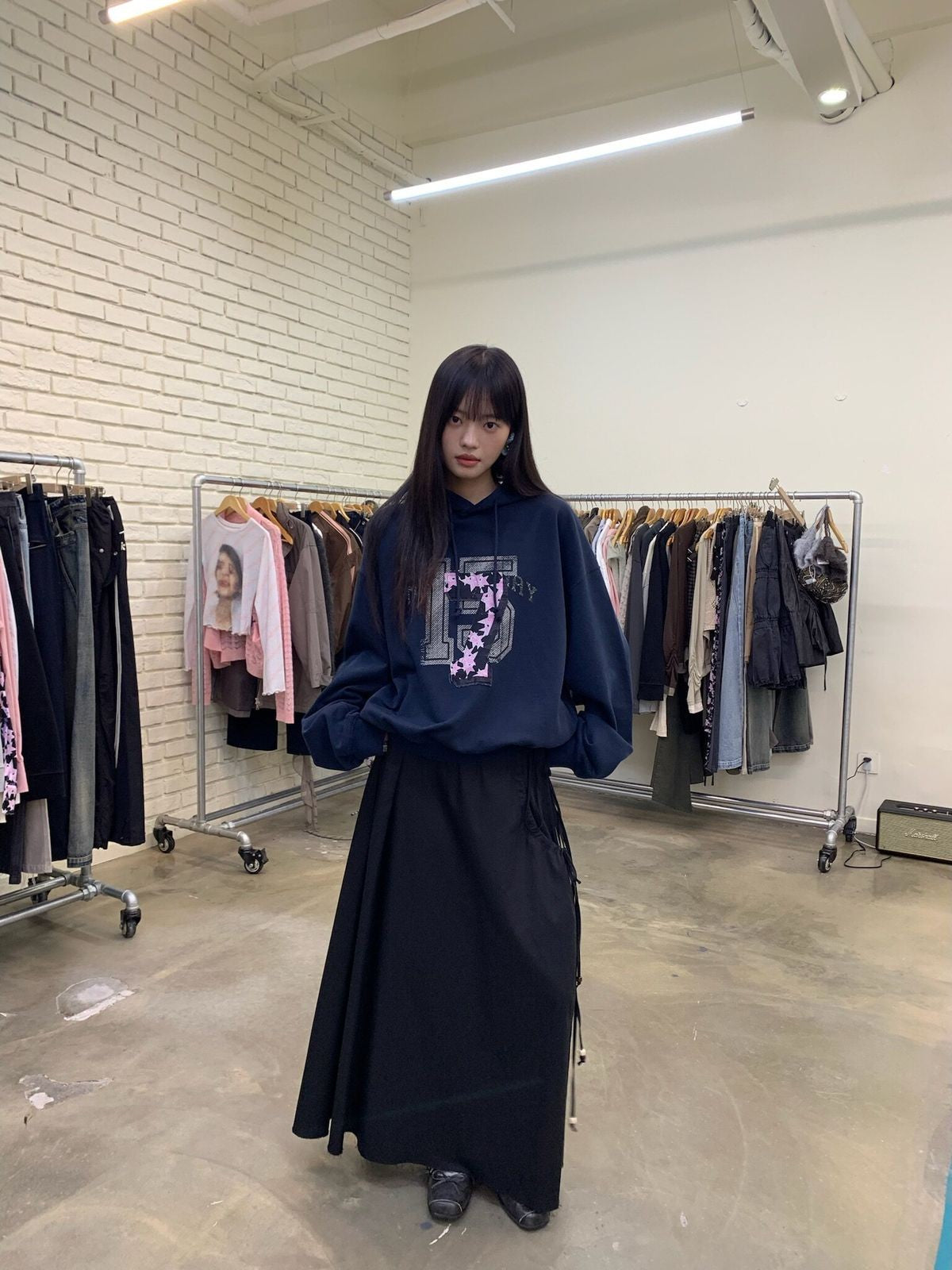 NeverSeez Layered Graphic Patch Hoodie in Navy - On Female Model