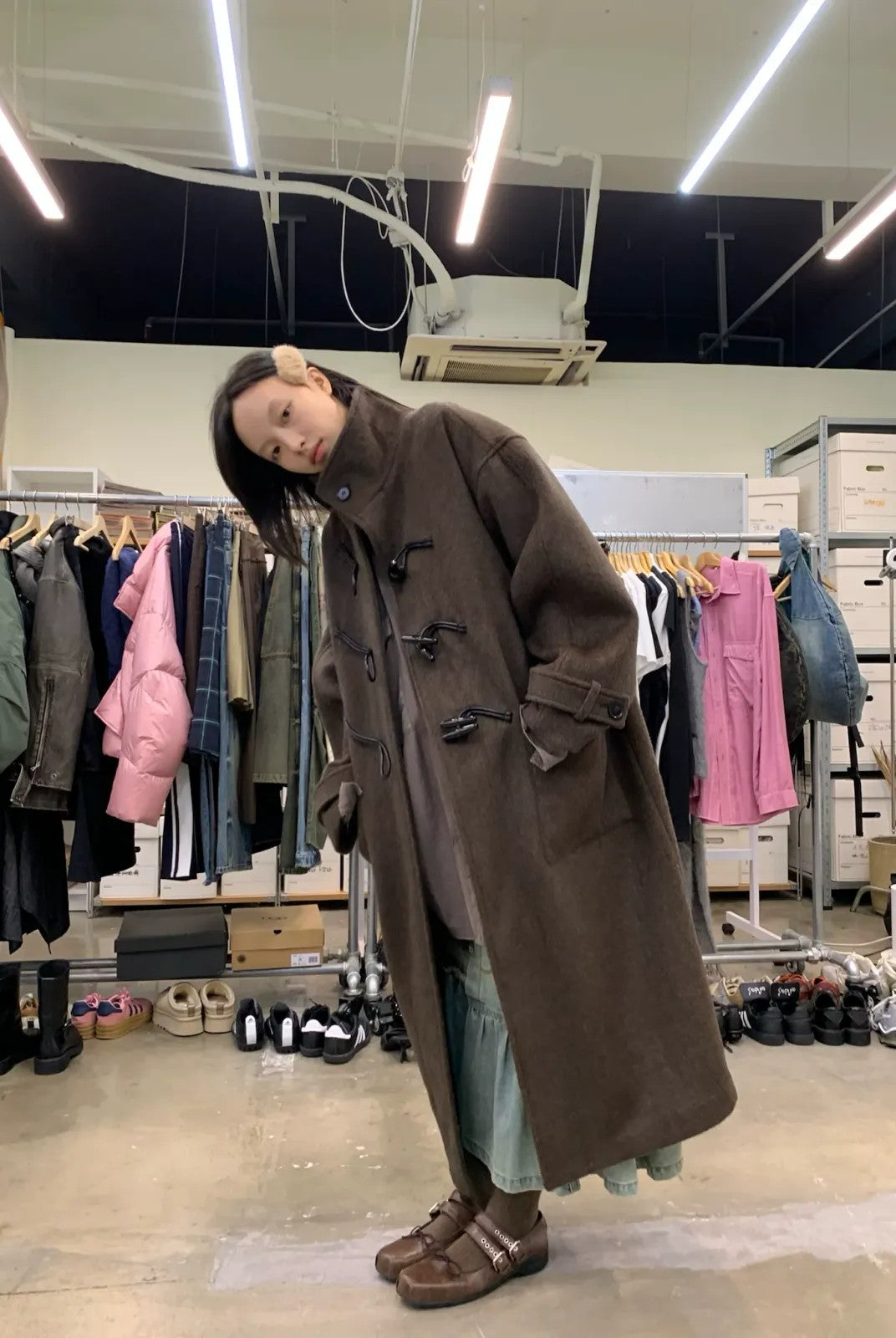 NeverSeez Wool Blend Stand Collar Toggle Coat in Brown - On Model