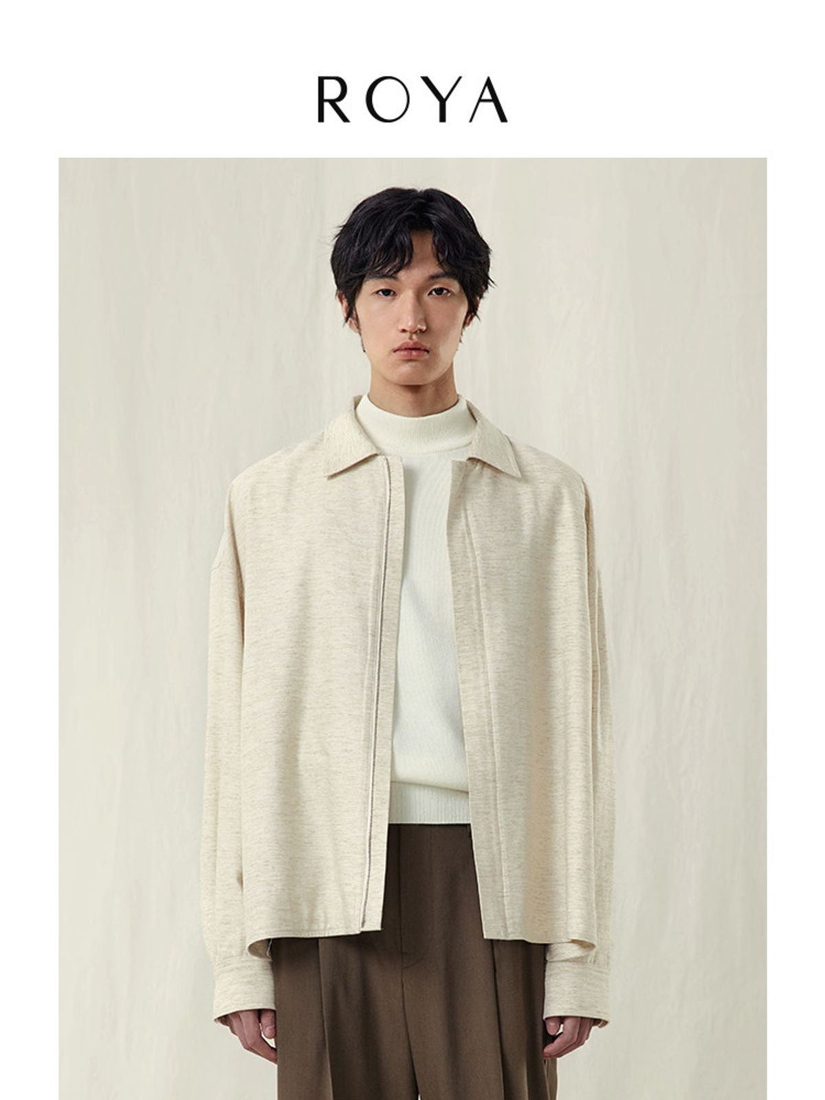 ROYA Linen Cotton Blend Zip Shirt in Apricot - On Model