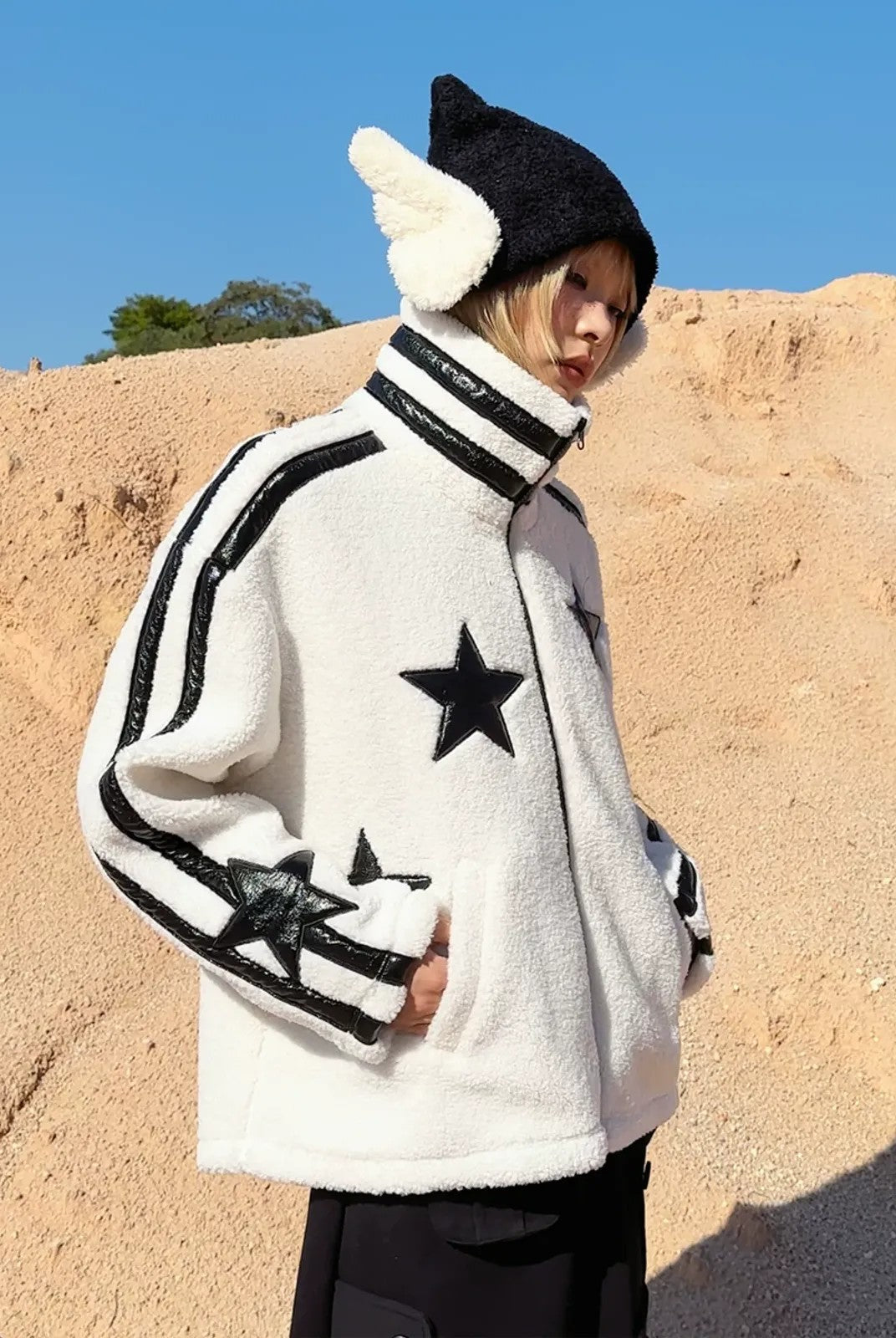 CFIERCE Angel Wings Pointed Knit Beanie in Black - On Model