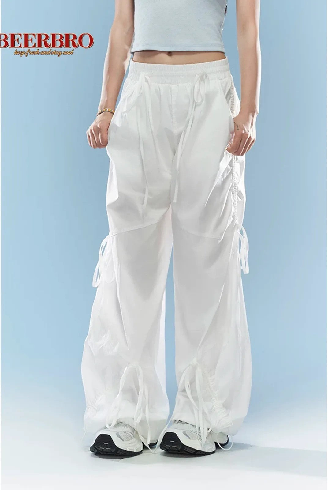 BeerBro Ruched Wide Leg Parachute Pants in White - On Model