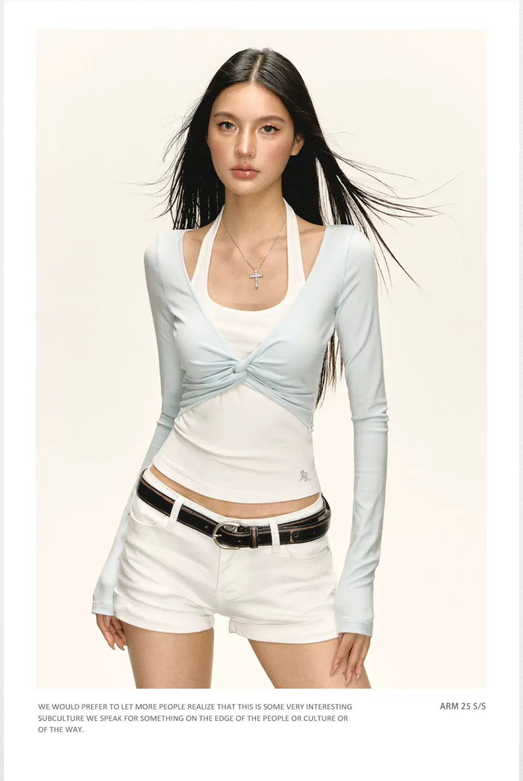 Ariseism Faux Layered Twist Front Top in Sky Blue - On Model