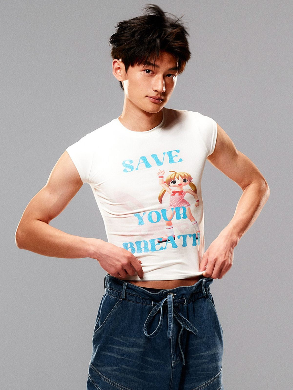 CFIERCE Save It Glitter Graphic T Shirt in White - On Male Model
