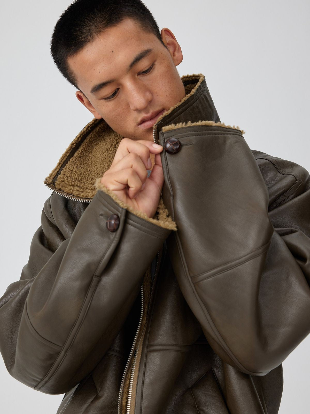 Simple Project Faux Leather Shearling Jacket in Black - On Male Model