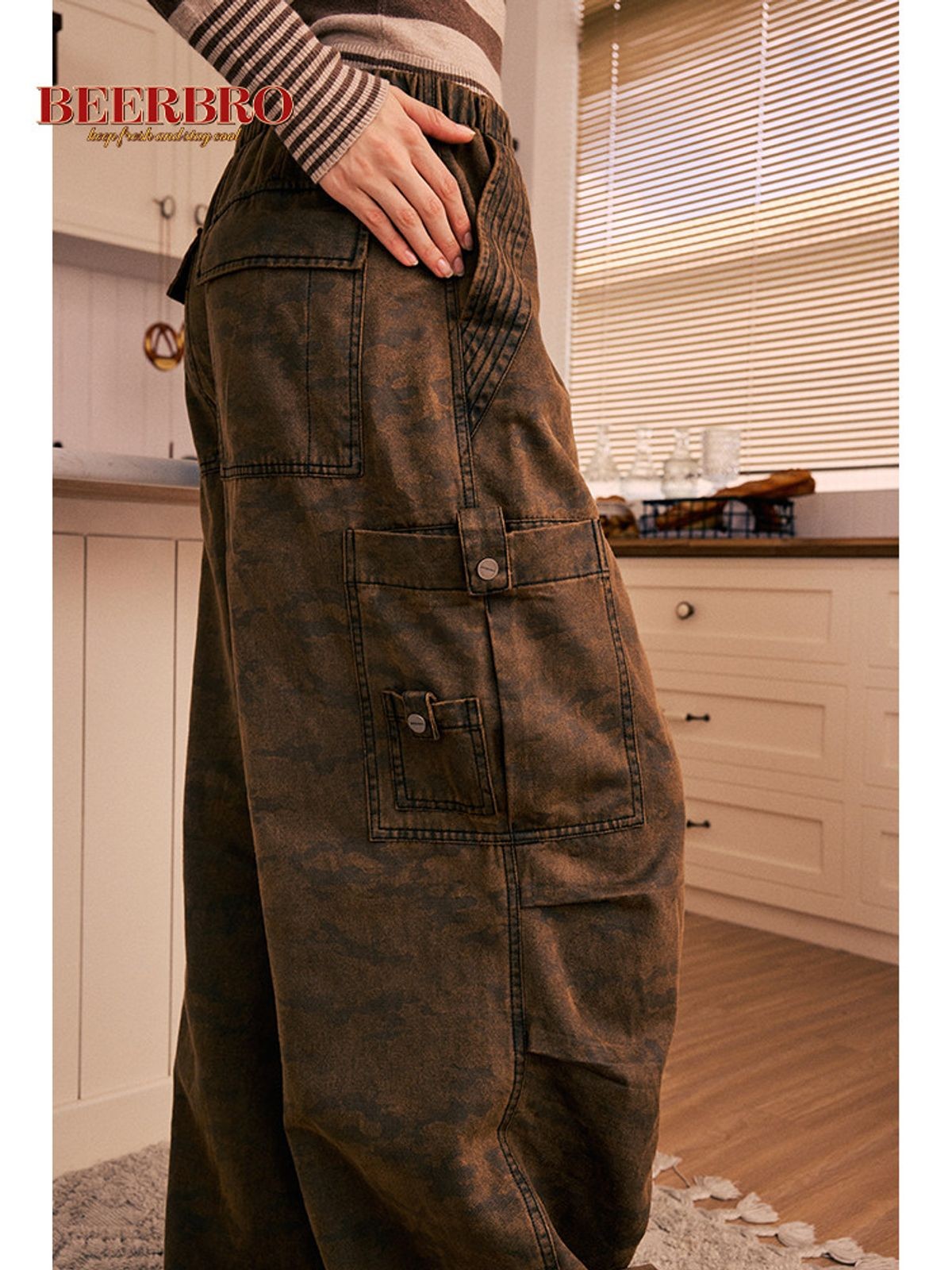 BeerBro Washed Camo Parachute Cargo Pants in Olive - On Model