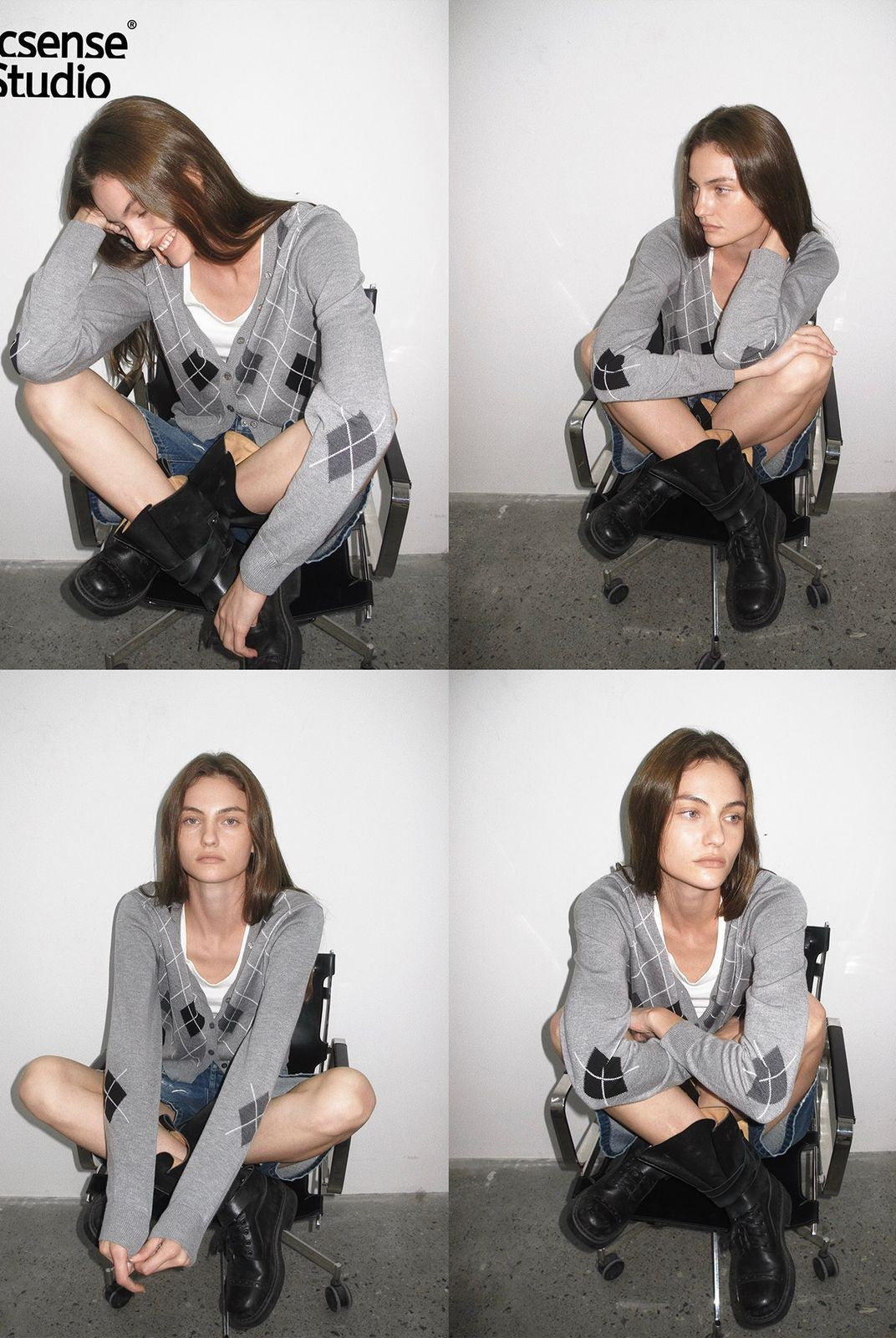 ACSENSE STUDIO Cropped Argyle Wool Blend Cardigan in Gray - On Model