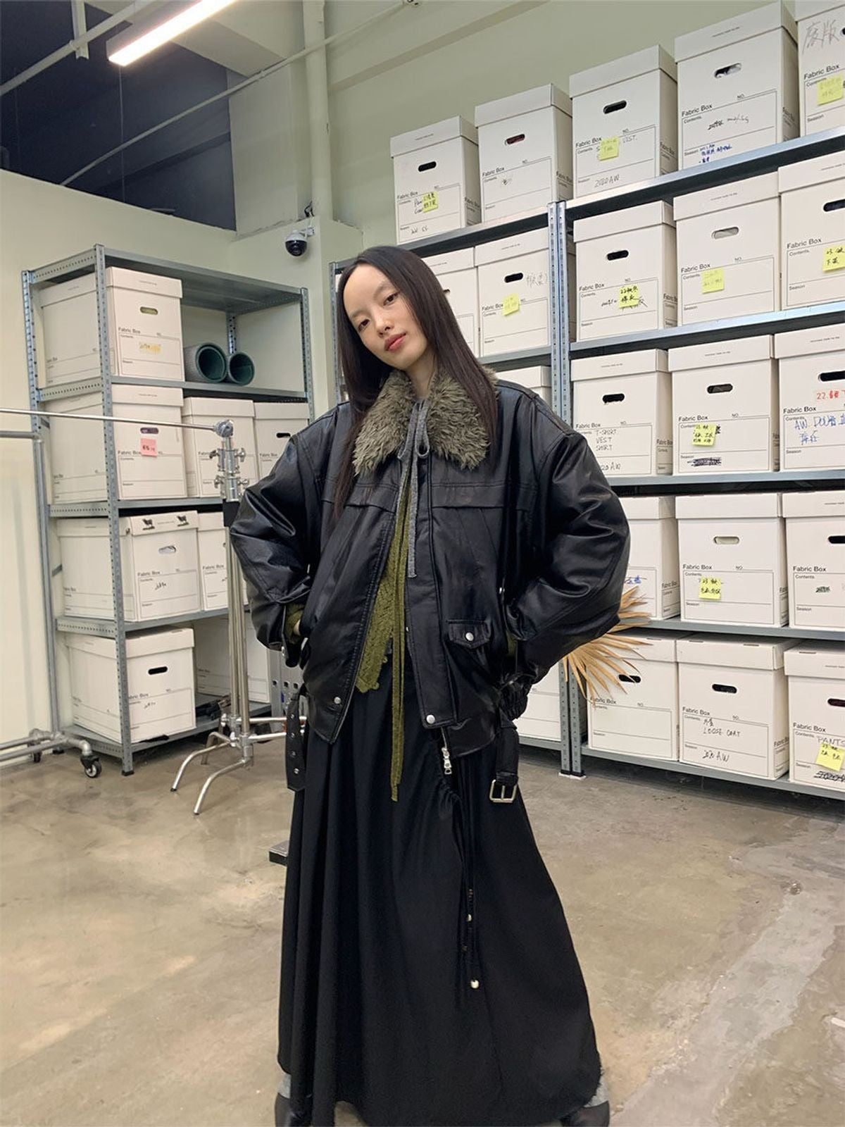 NeverSeez Fur Collar Faux Leather Down Jacket in Black - On Model