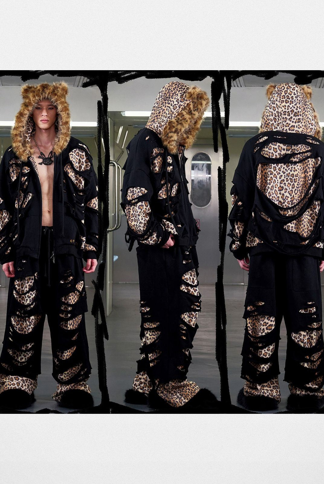 CFIERCE Distressed Leopard Zip Hoodie in Black - On Male Model