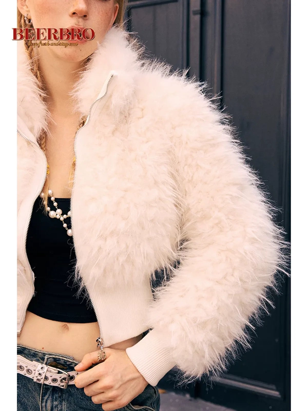 BeerBro Shaggy Faux Fur Cropped Jacket in White - On Model