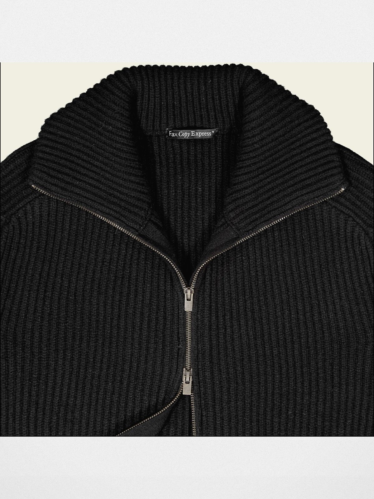 FaxCopyExpress Ribbed Wool Yak Zip Cardigan in Black - Detail