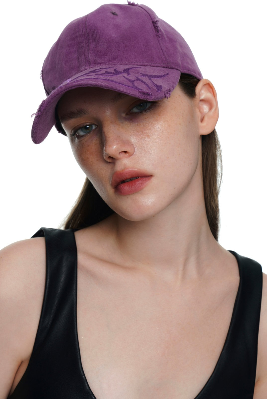 BLACKHEAD Distressed Embroidered Baseball Cap in Purple - On Model