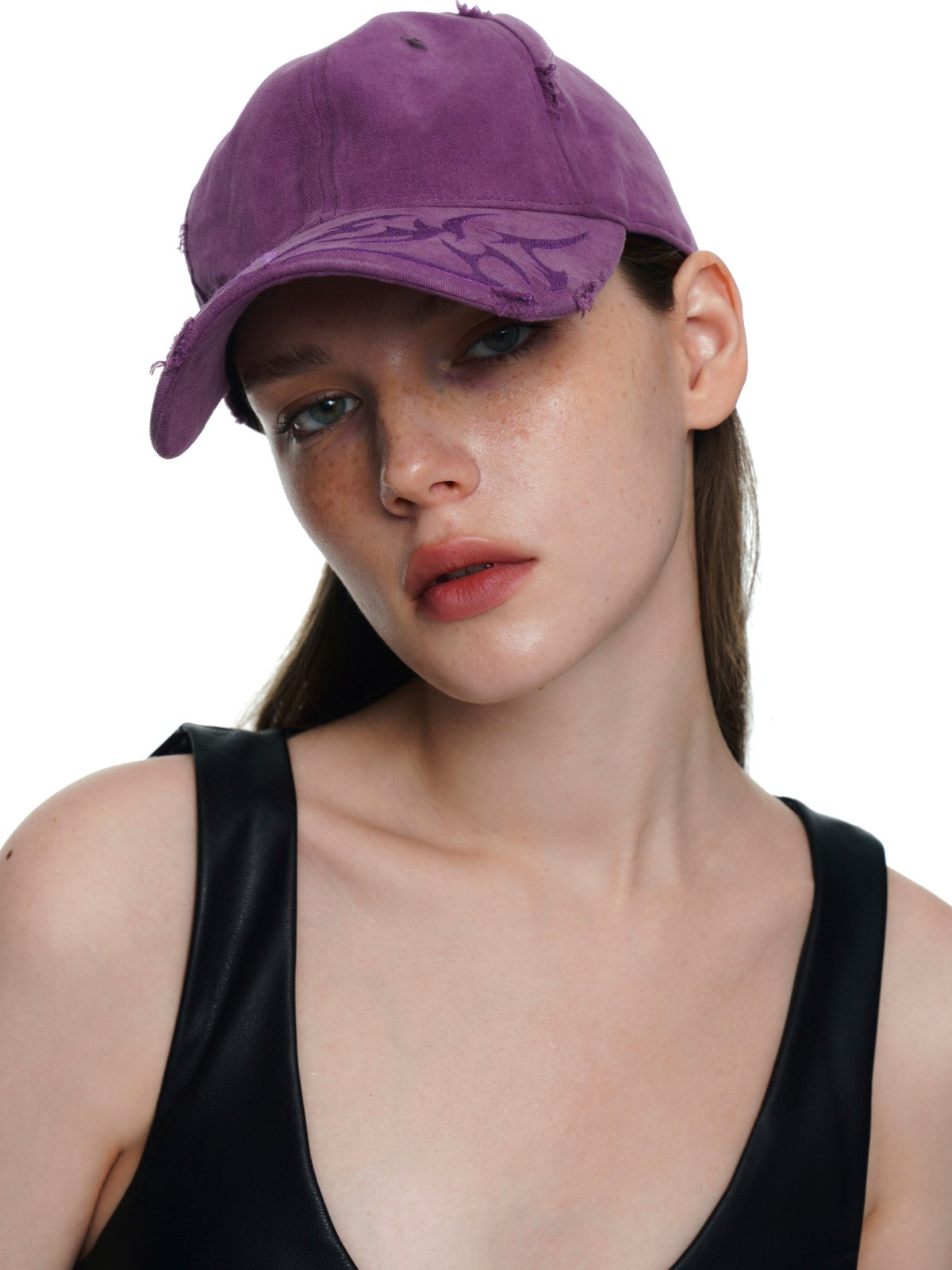 BLACKHEAD Distressed Embroidered Baseball Cap in Purple - On Female Model