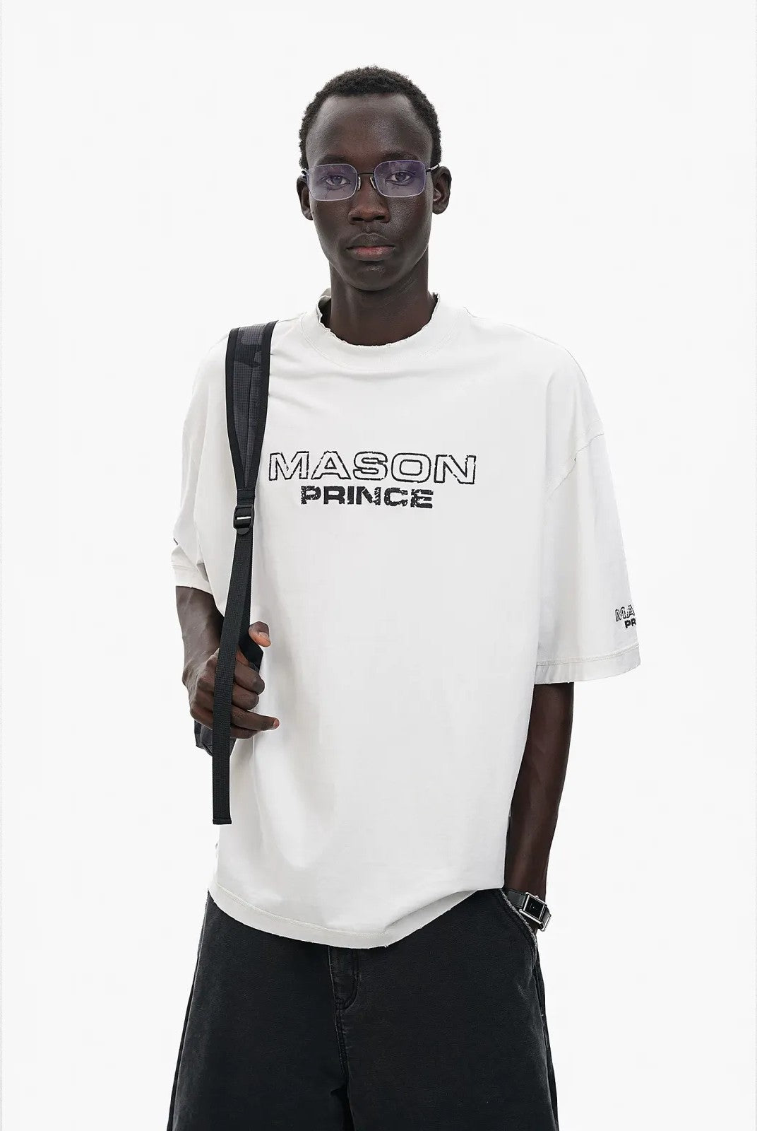 MASONPRINCE Double Layer Collar Embroidered Tee in White - On Model