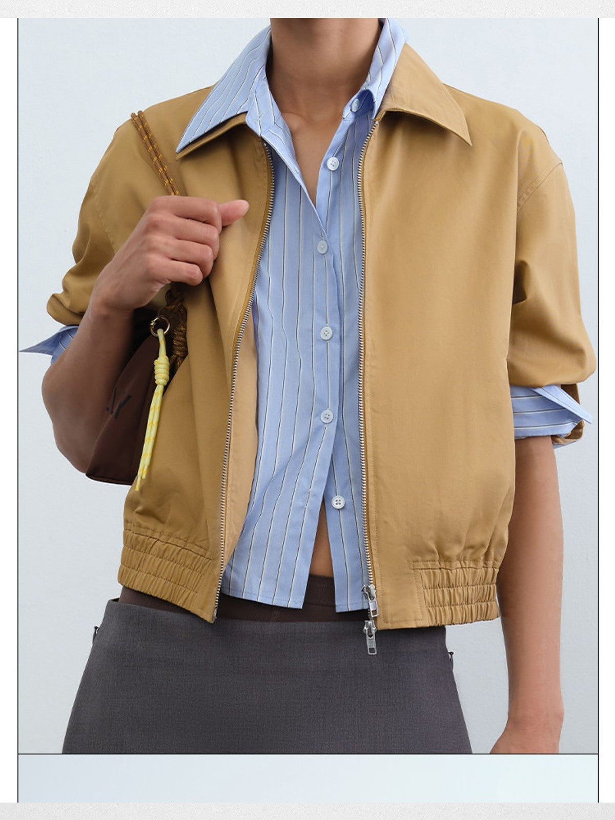 RARELY ALIKE Mock Layered Cotton Jacket in Beige - On Model