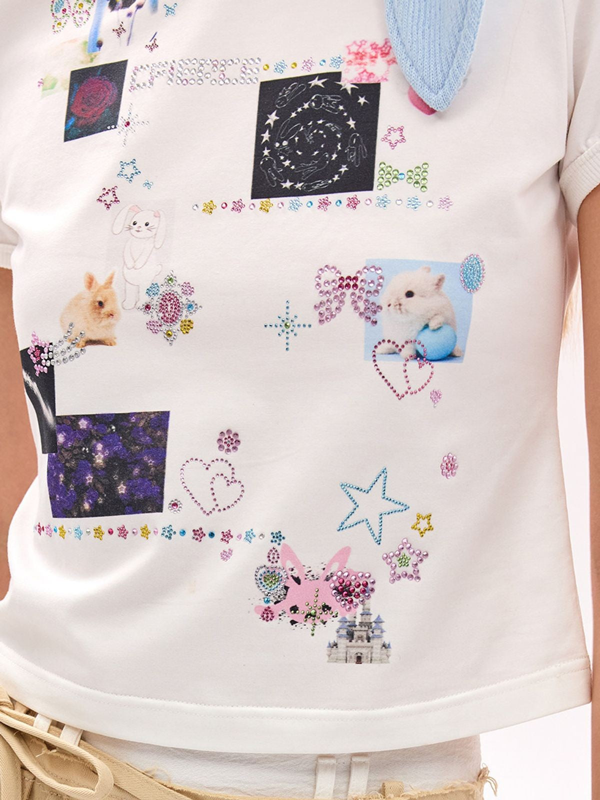CFIERCE Sticker Print Rhinestone T Shirt in White - On Female Model