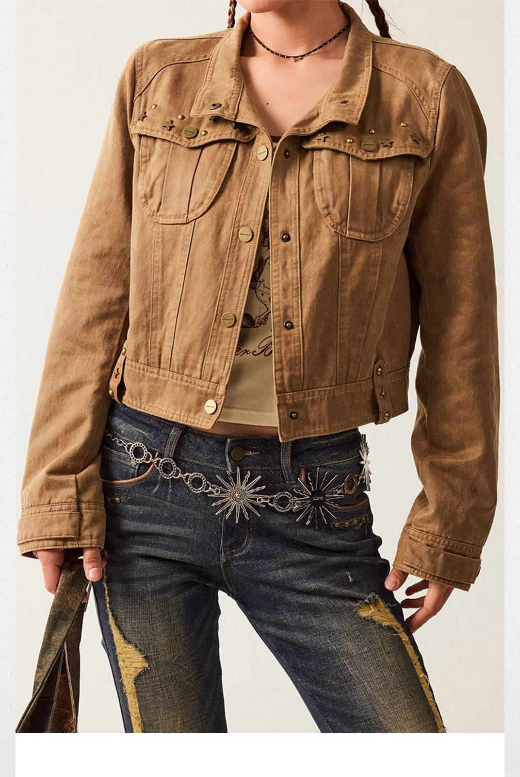 BeerBro Large Lapel Suede Cropped Jacket in Brown - On Model