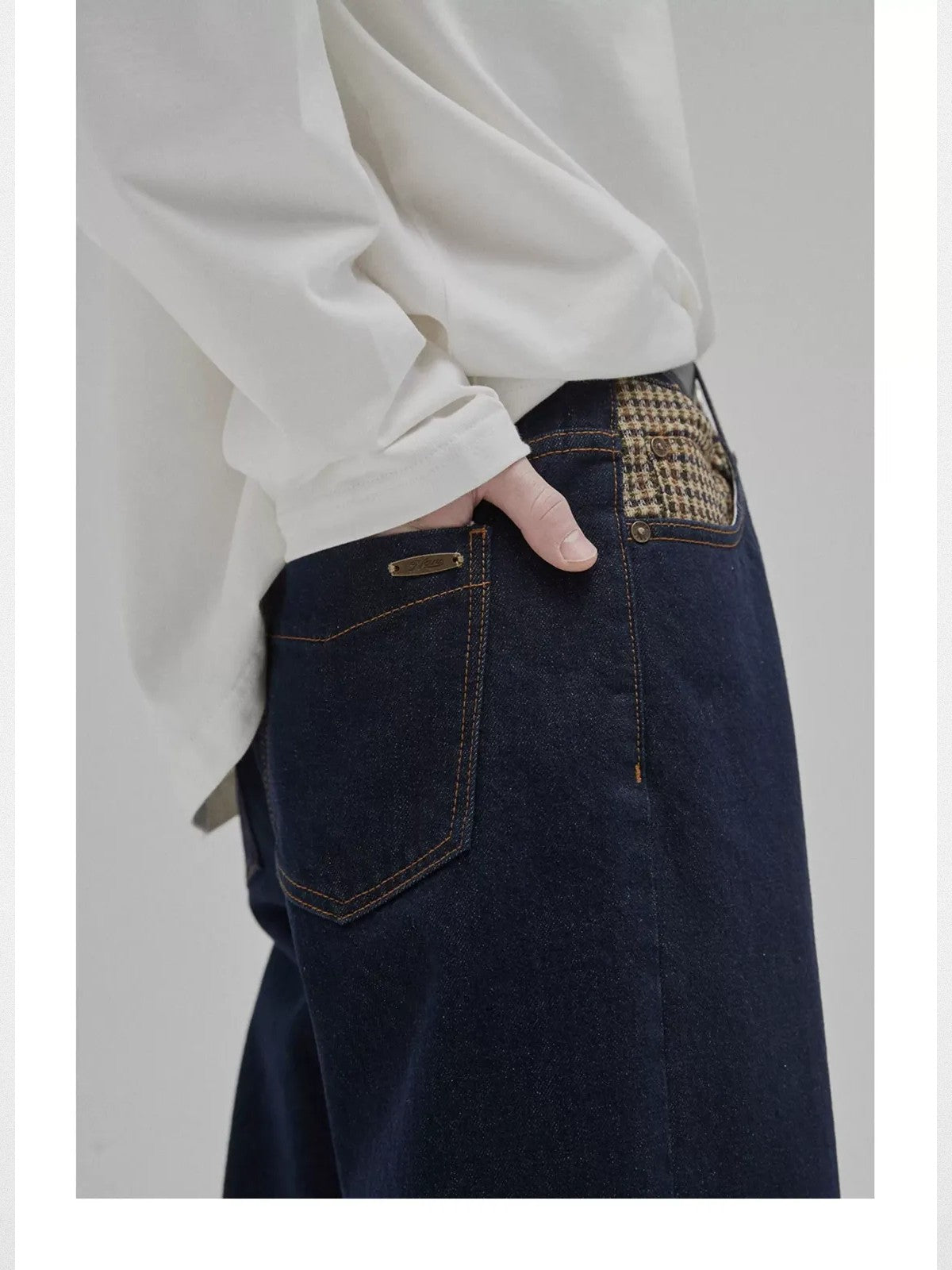 NANS 12oz Plaid Patchwork Straight Jeans in Denim - On Male Model