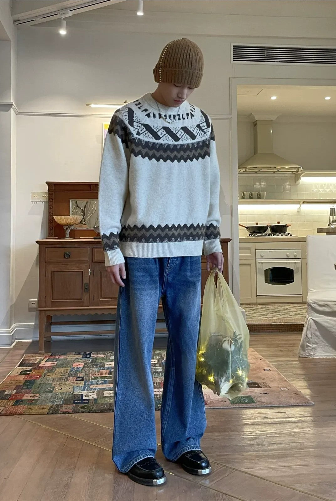 NeverSeez Fair Isle Jacquard Sweater in White - On Model