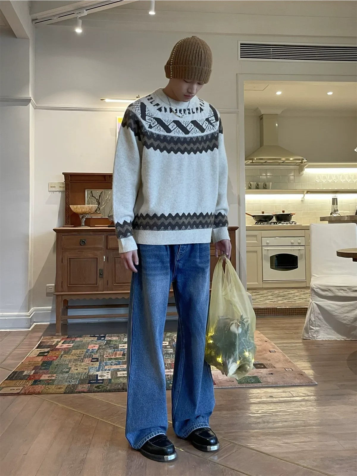 NeverSeez Fair Isle Jacquard Sweater in White - On Model