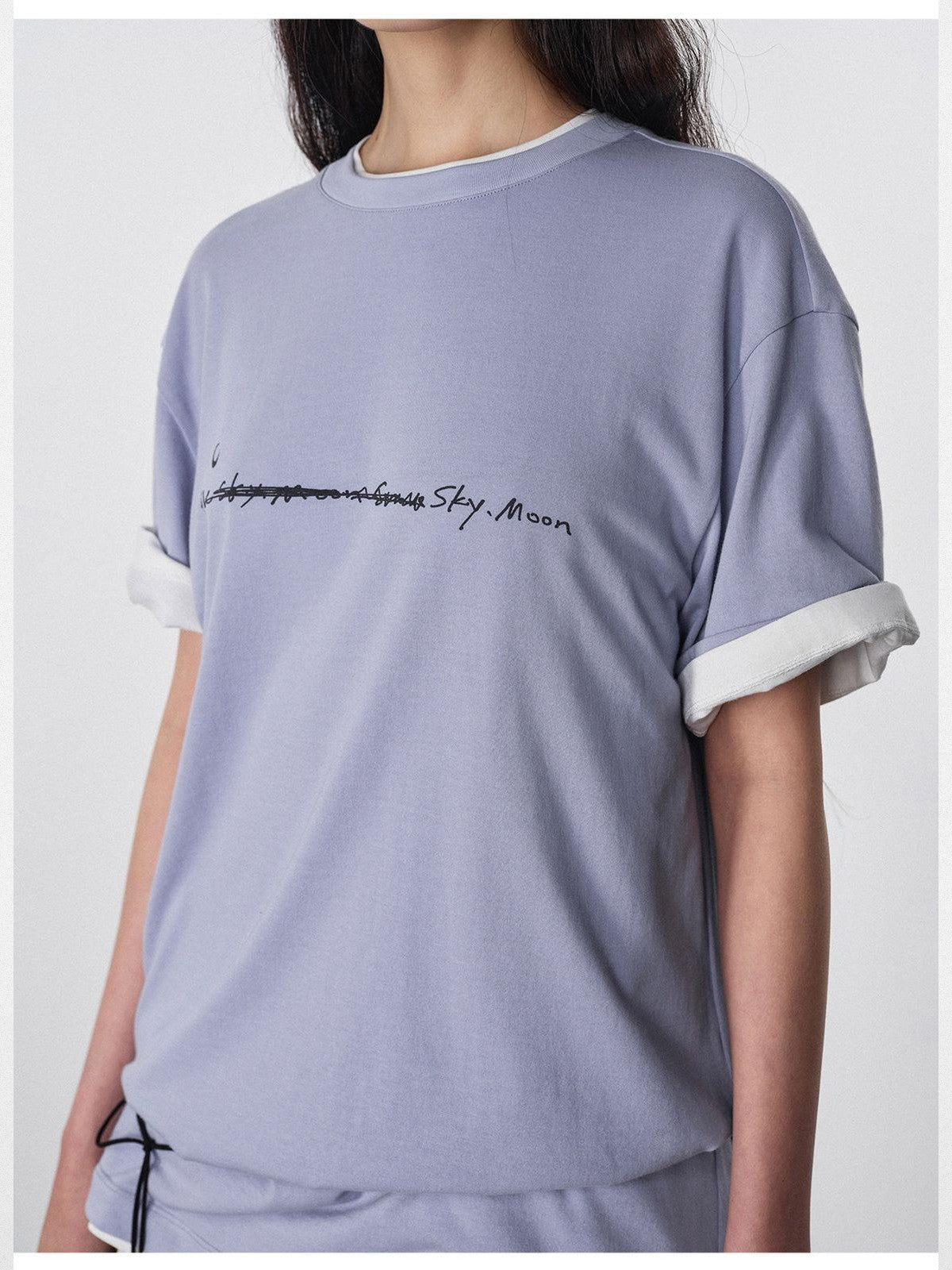 RandomPiece Letter Print Cotton T Shirt in Sky Blue - On Model