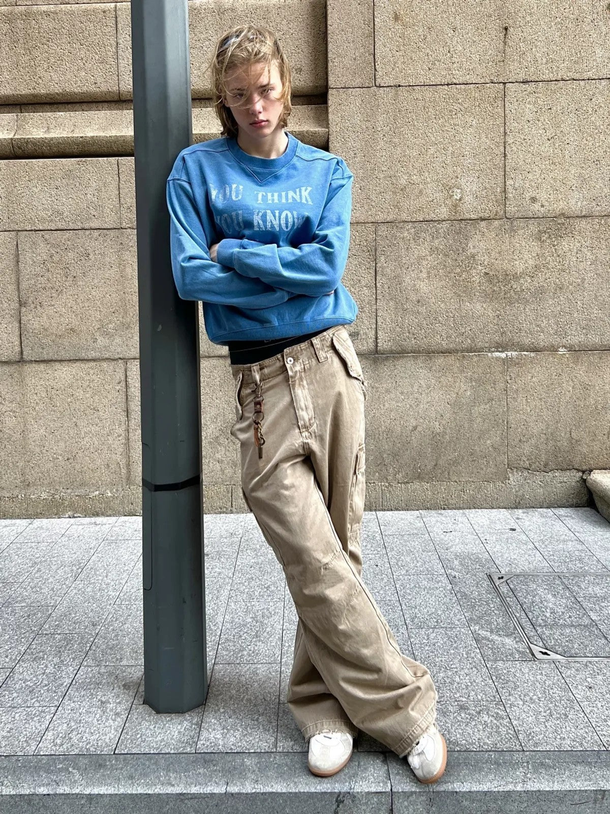 VLABMADE Distressed Paratrooper Cargo Pants in Beige - On Model