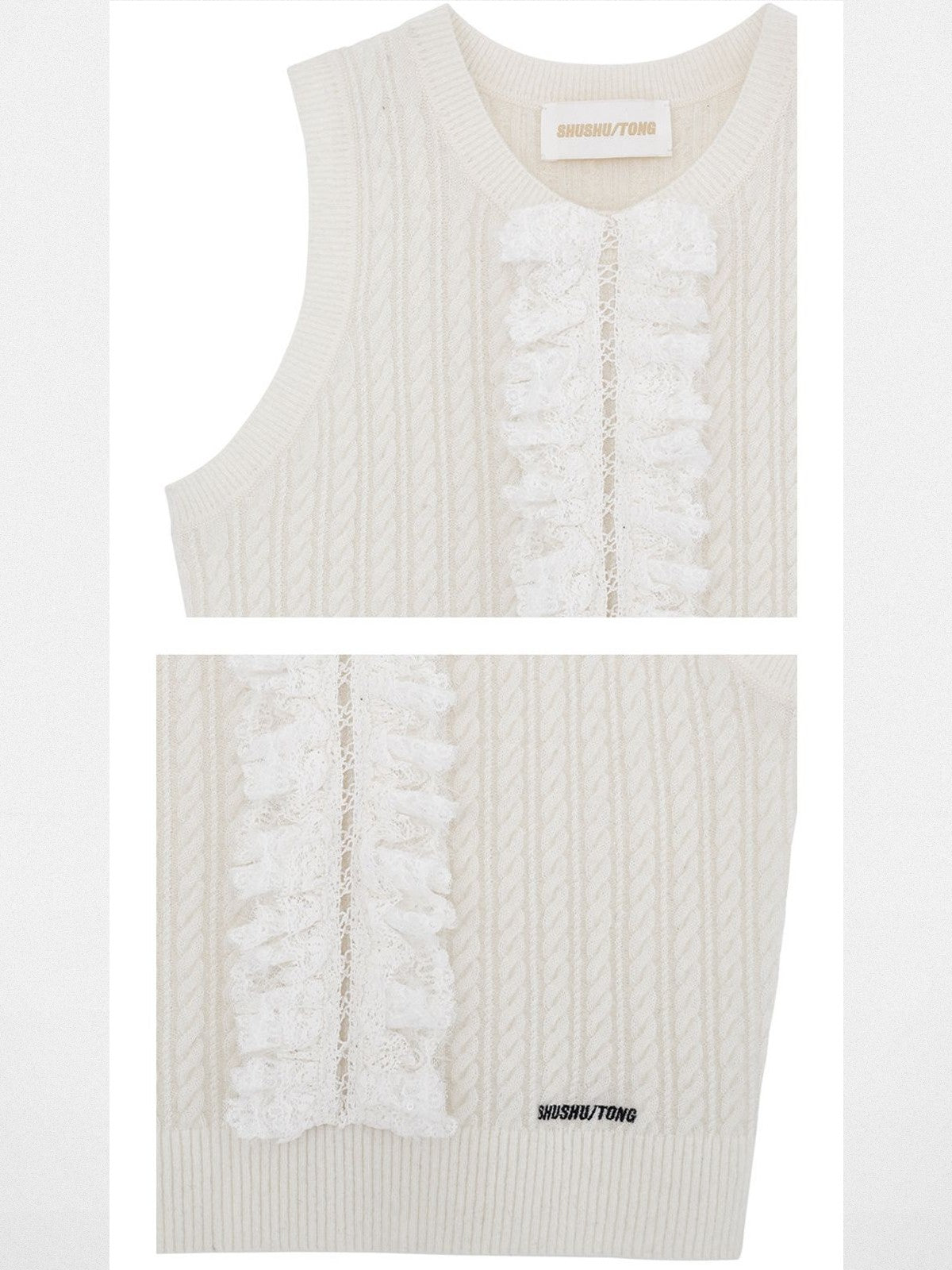 SHUSHUTONG Lace Trimmed Cable Knit Vest in White - Detail