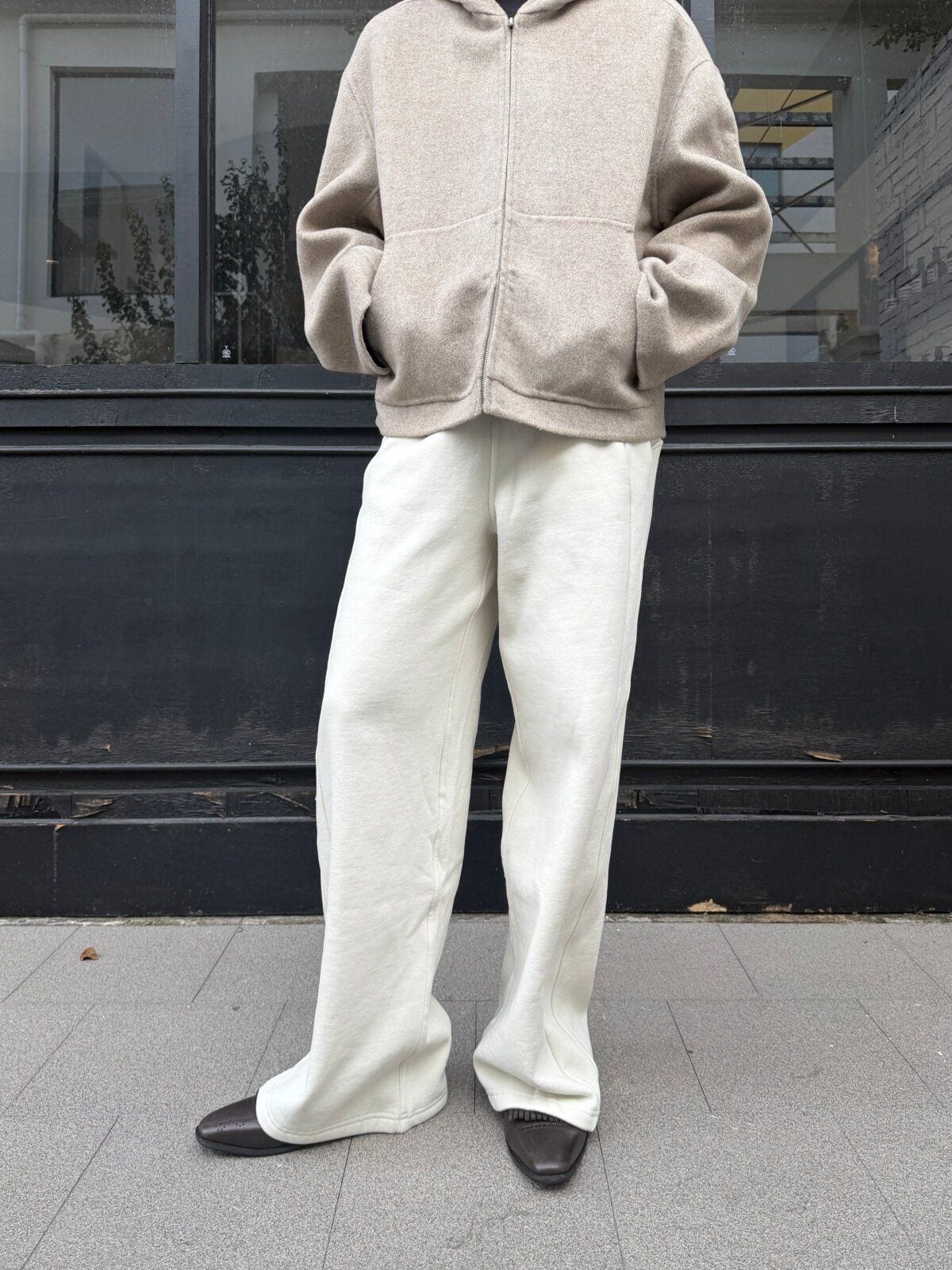 Triangle Project Wool Cashmere Hooded Zip Jacket in Oatmeal - On Model