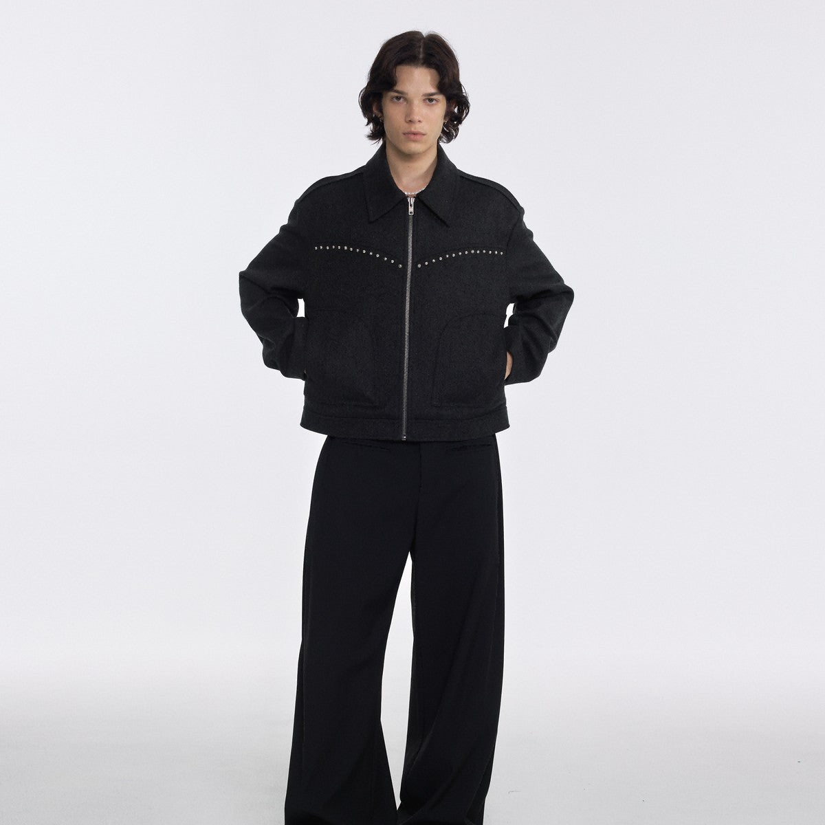 AFterTaste Studded Wool Blend Zip Jacket in Gray - On Model