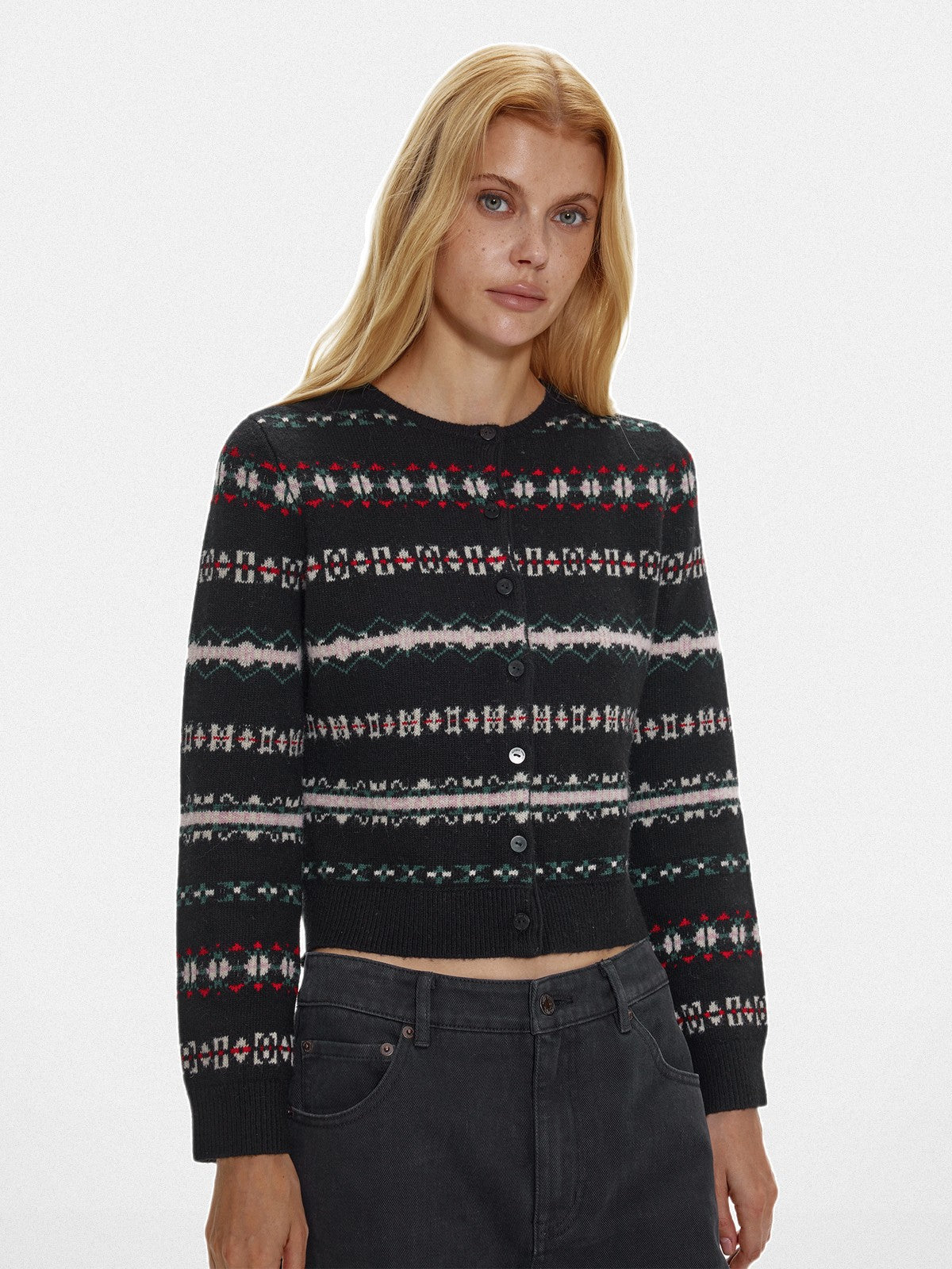 Alright Then Icelandic Pattern Wool Cardigan in Black - On Model