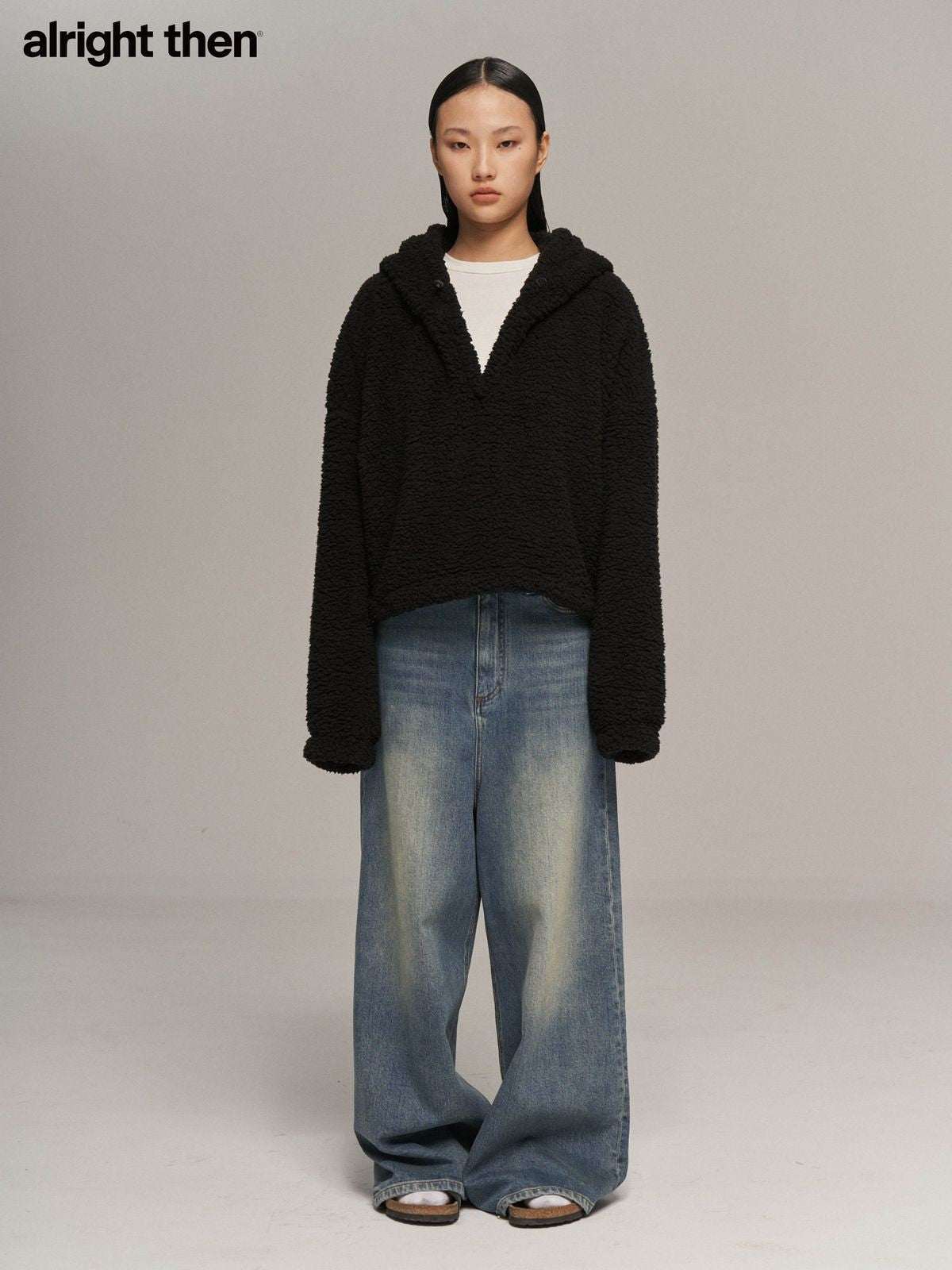 Alright then Oversized Teddy Fleece Hoodie in Black - On Model