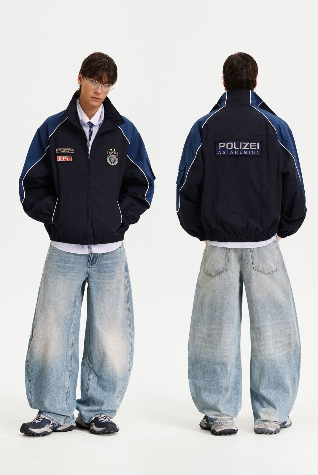 MASONPRINCE Color Blocked Badge Track Jacket in Blue - On Model #color_blue