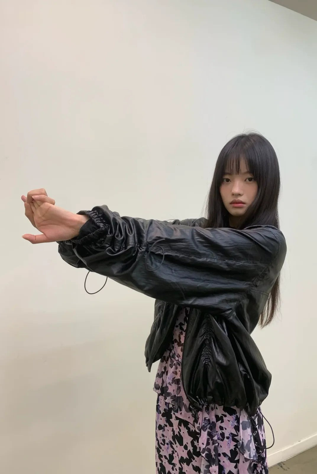 NeverSeez Glossy Ruched Tencel Windbreaker in Black - On Model