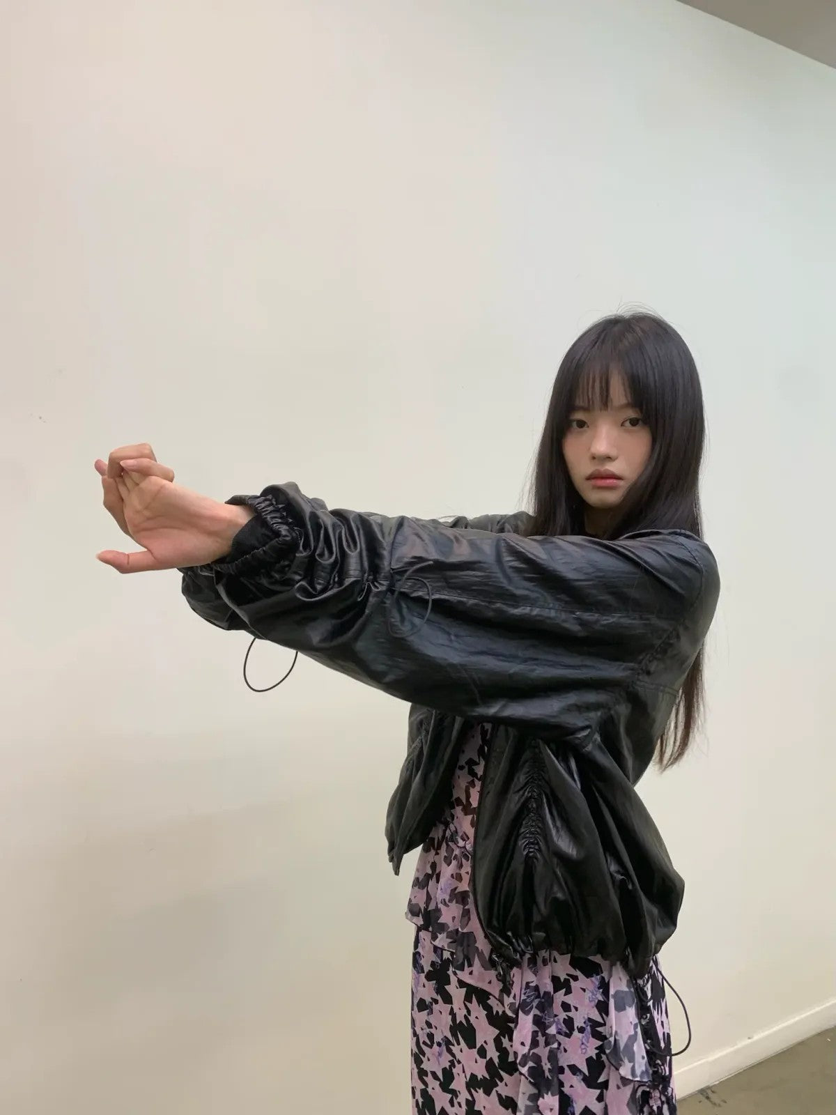 NeverSeez Glossy Ruched Tencel Windbreaker in Black - On Female Model