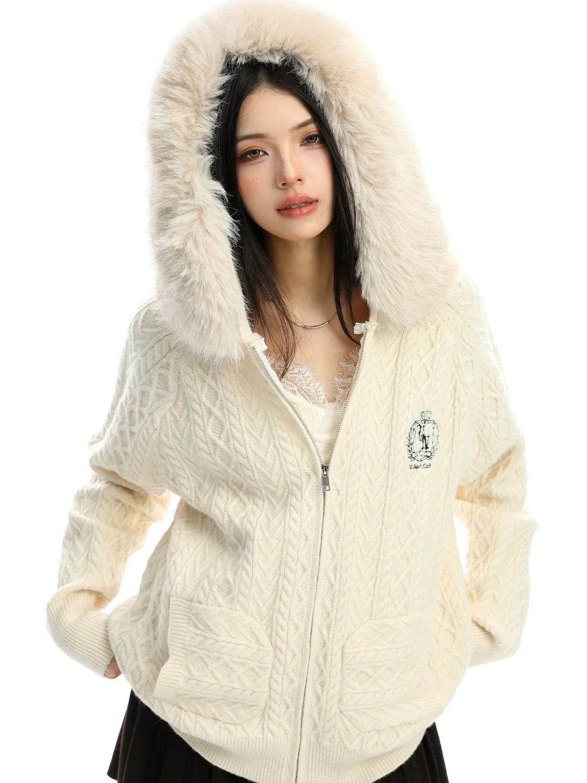 BIGGOLD STUDIO Fur Trimmed Cable Knit Zip Hoodie in White - On Model #color_white
