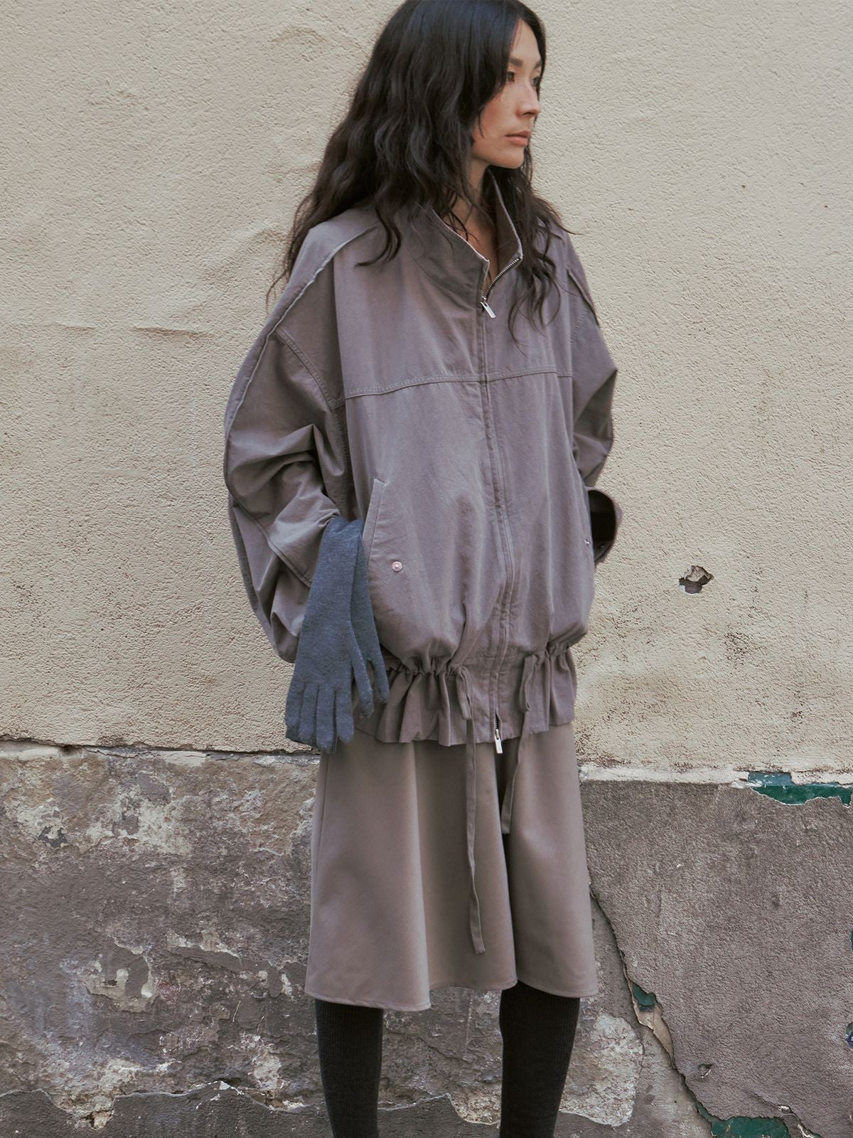 RandomPiece Washed Cotton Drawstring Jacket in Beige - On Model