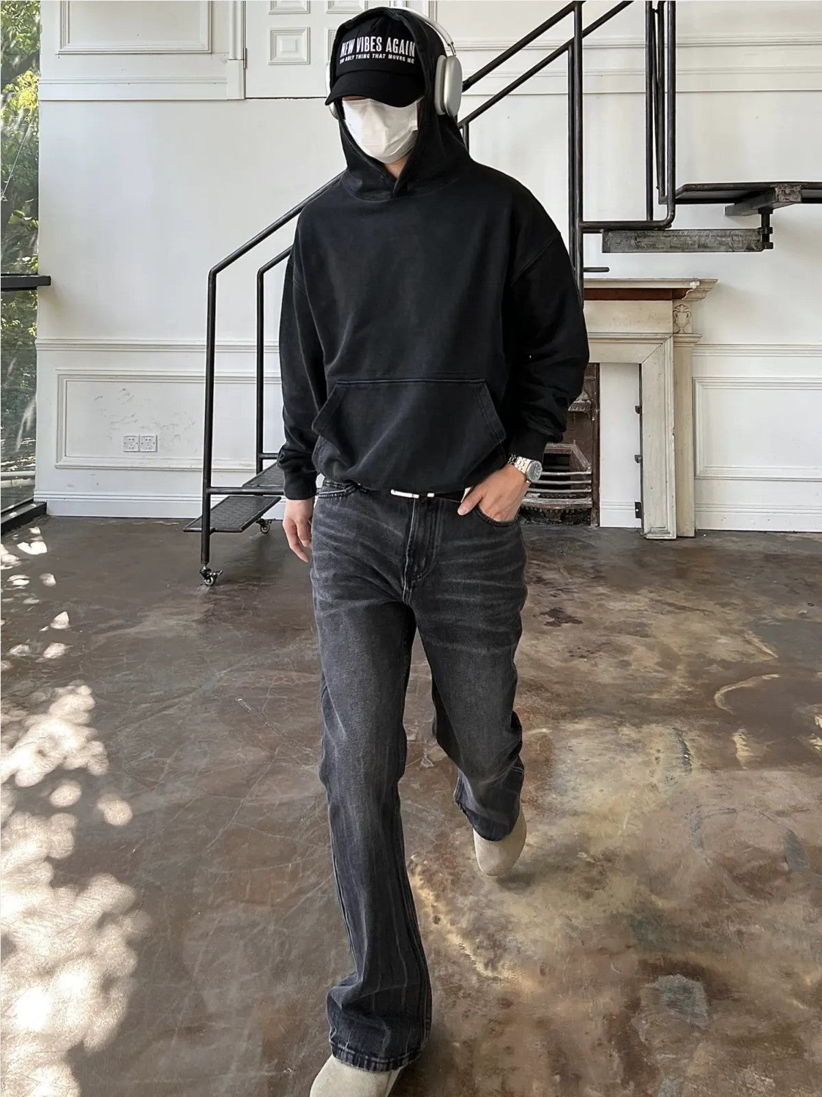 VLABMADE Washed Black Micro Flare Jeans in Black - On Model