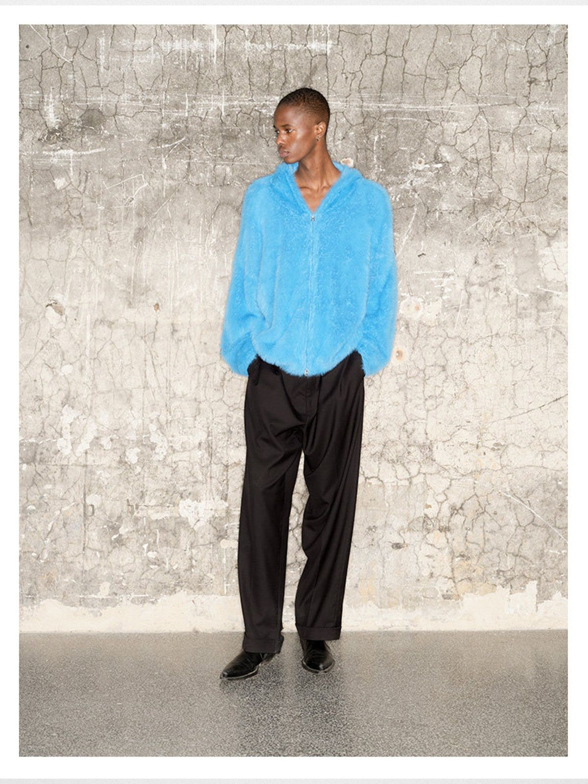 TRIANGLE PROJECT Faux Mink Zip Up Hooded Jacket in Sky Blue - On Model