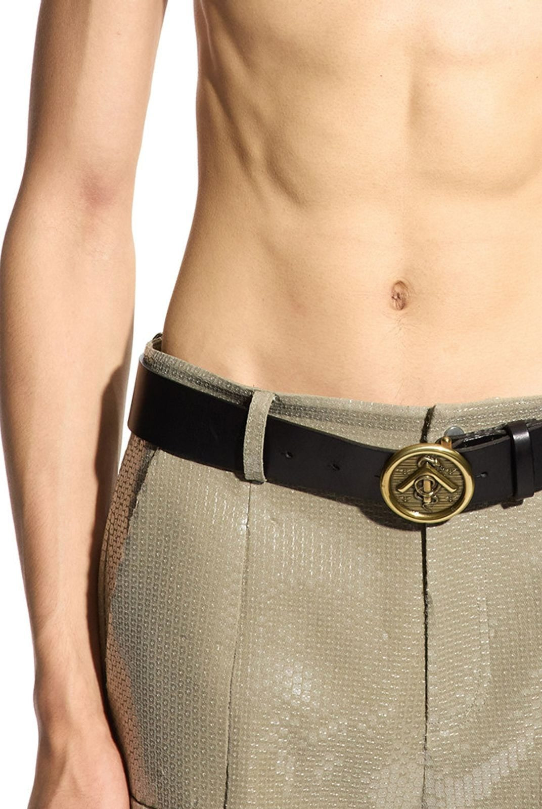 Grotto Arrow Logo Buckle Leather Belt in Black - On Male Model