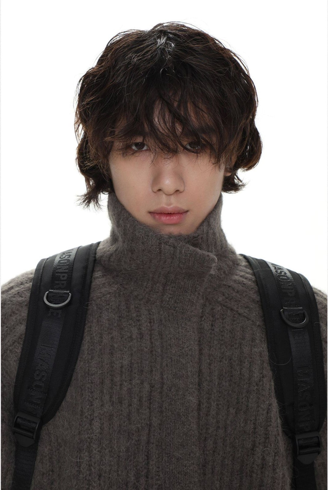 MasonPrince Ribbed Alpaca Blend Zip Cardigan in Beige - On Model #color_beige