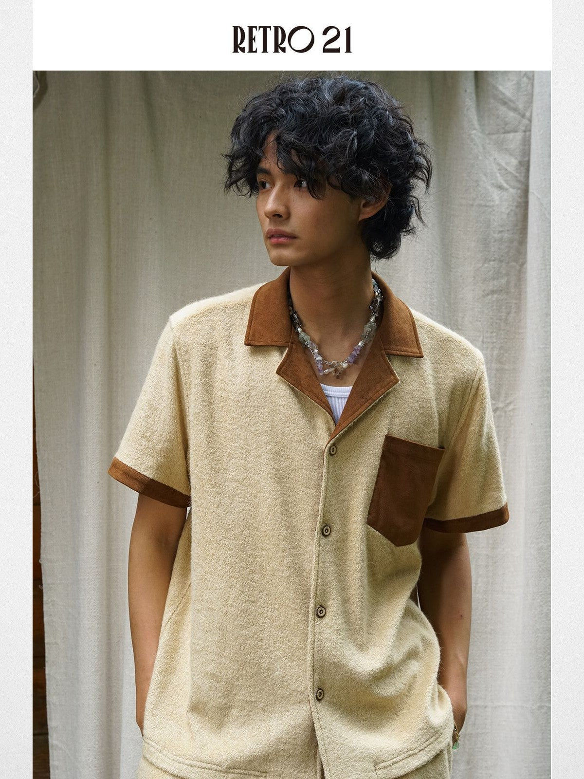 Retro 21 Spliced Wool Blend Knit Shirt in Cream - On Model