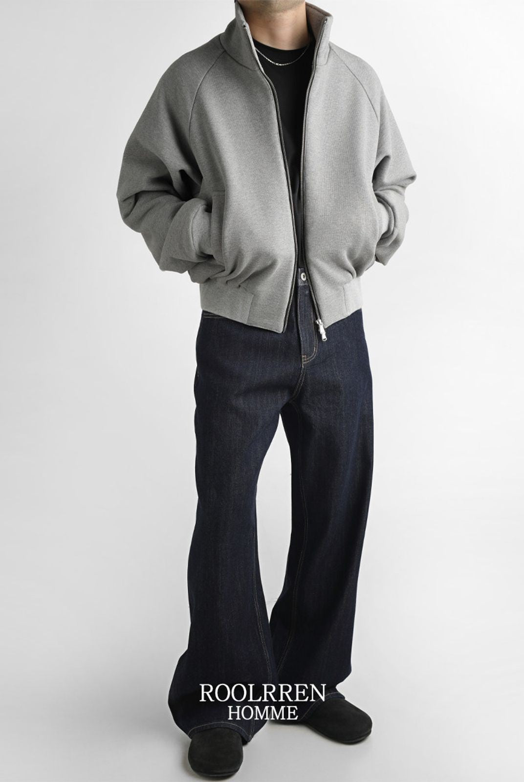 Roolrren Homme Heavyweight Cotton Stand Collar Jacket in Gray - On Model