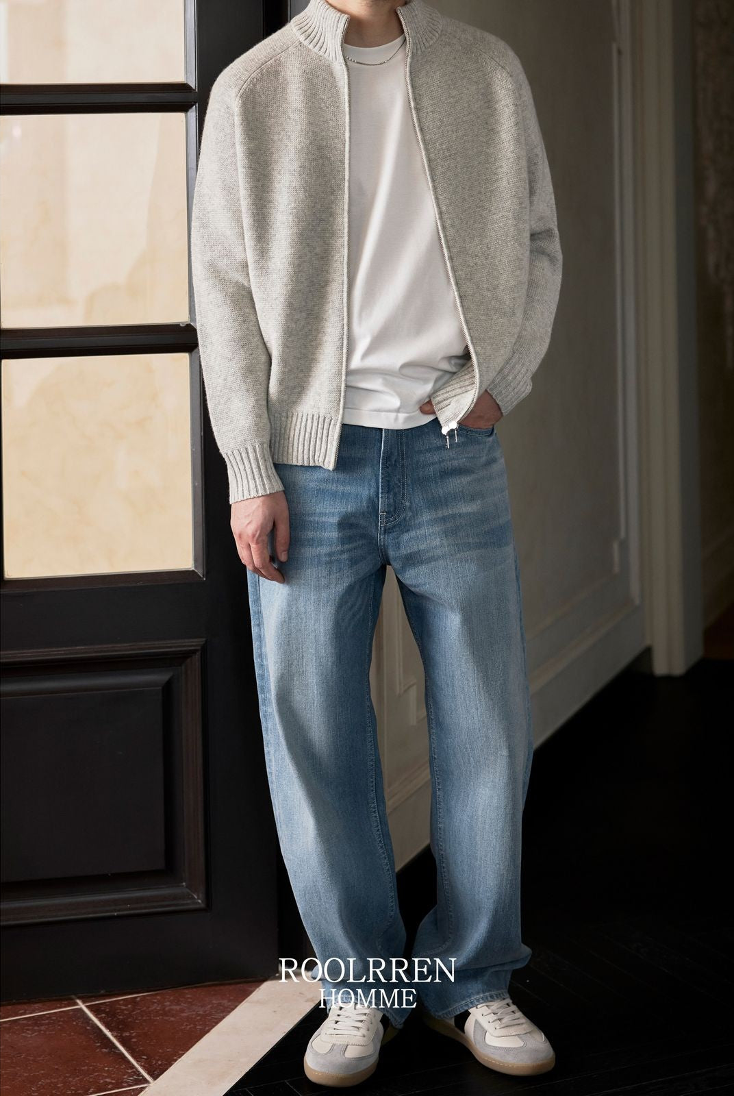 Roolrren Homme 100 Wool Stand Collar Zip Cardigan in Gray - On Model