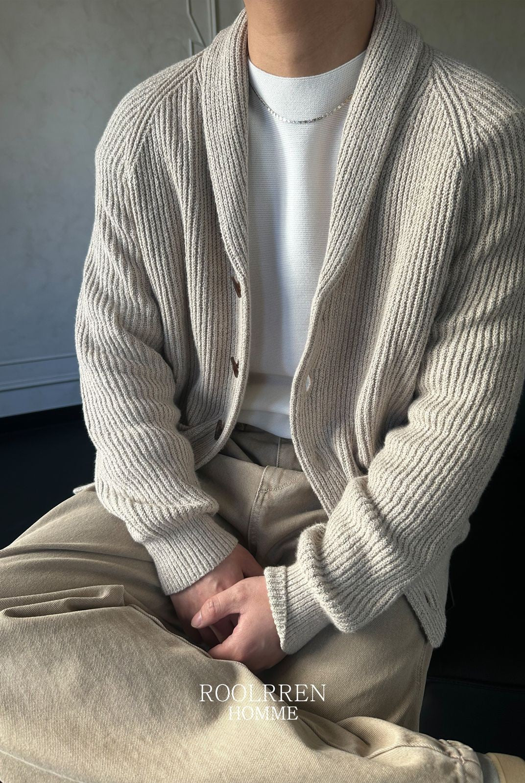 Roolrren Homme Shawl Collar Cotton Blend Cardigan in Beige - On Model