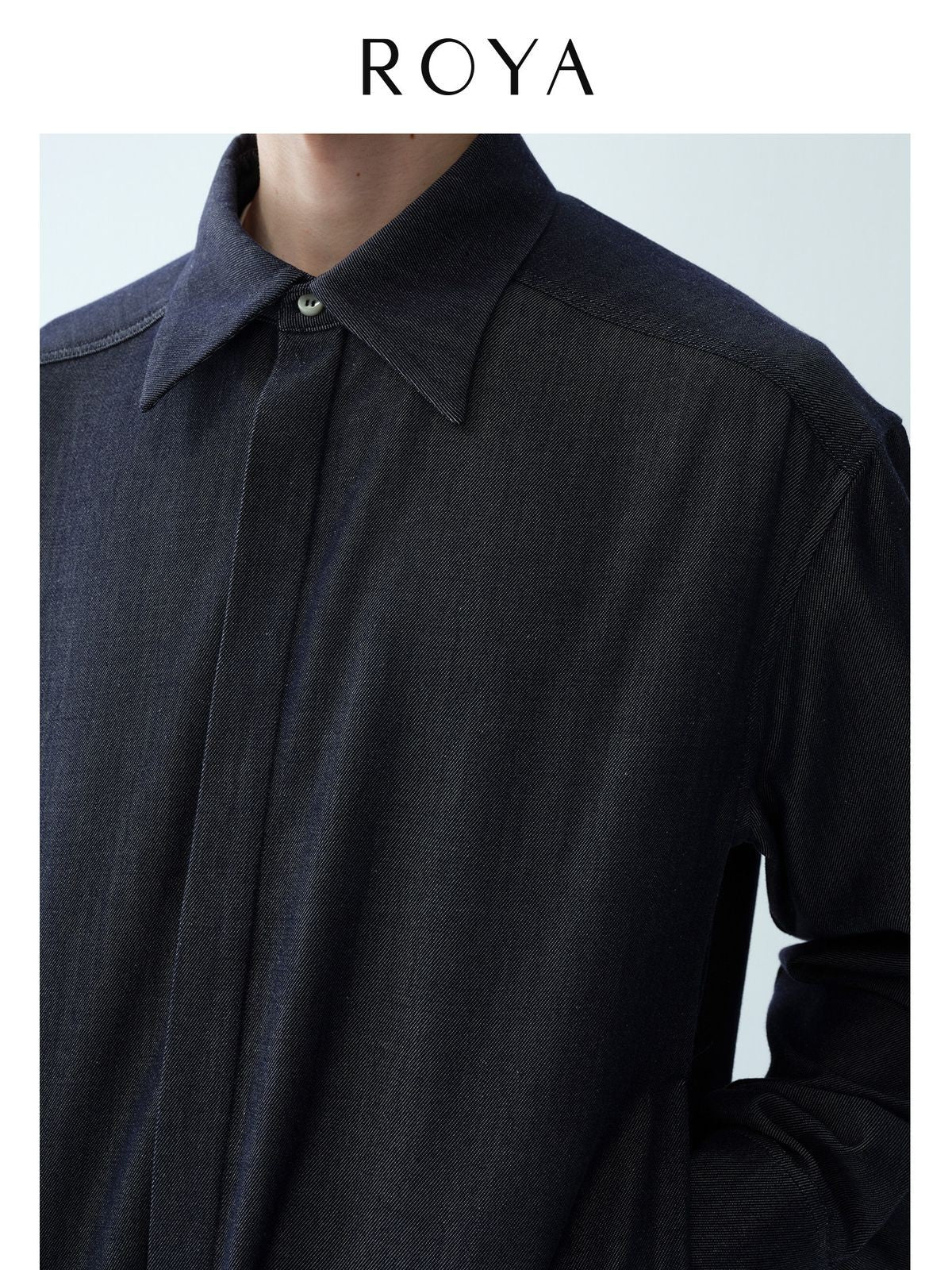 ROYA Silk Blend Denim Style Blouson in Blue - On Model