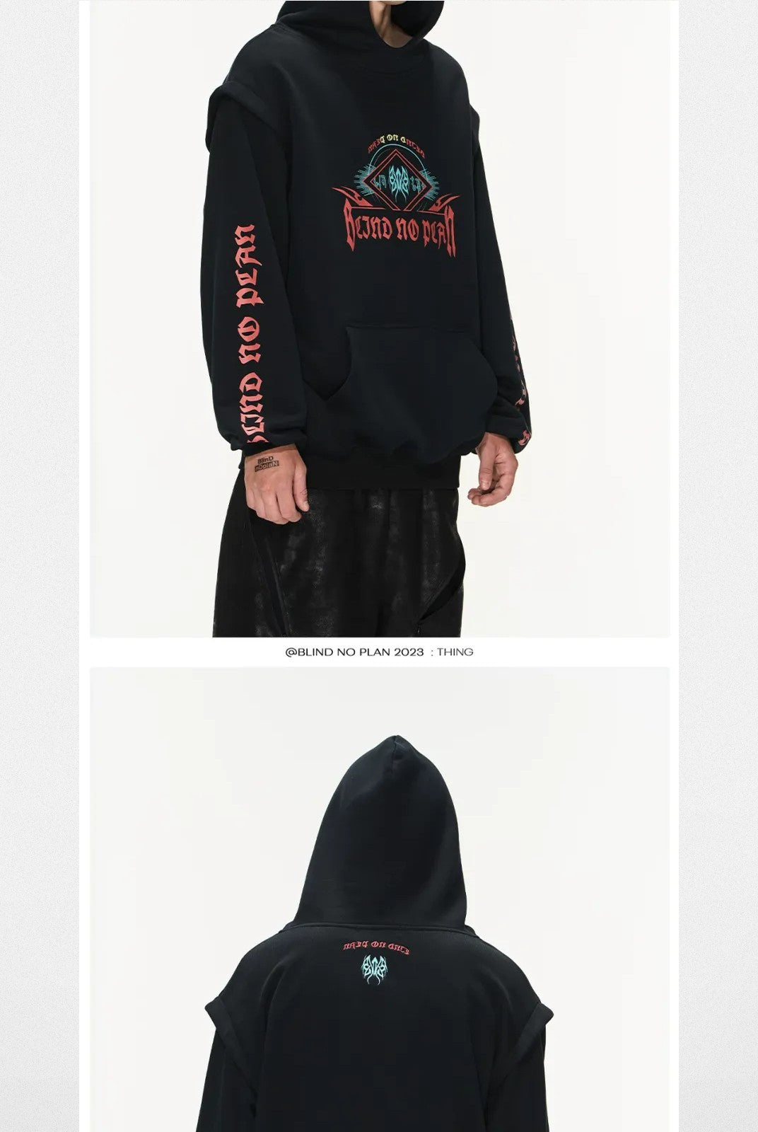 BLINDNOPLAN Faux Two Piece Graphic Hoodie in Black - On Model