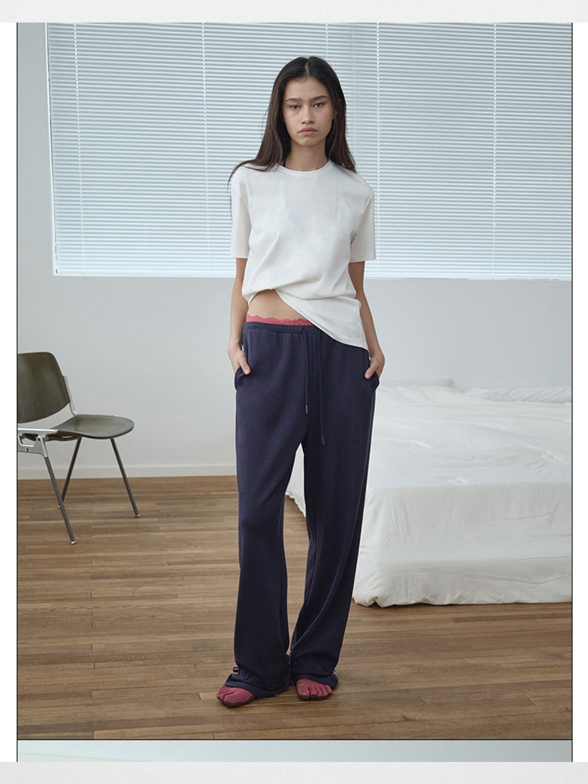 RARELY ALIKE Lace Waist Adjustable Joggers in Navy Blue - On Model